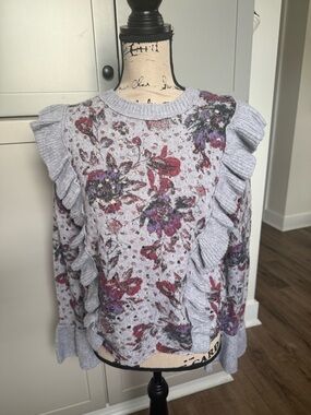 Free People Lavender Crewneck Sweater with Purple & Red Floral Ruffles